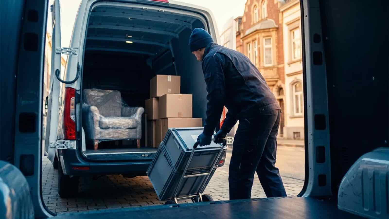Transivo Mitarbeiter belädt einen Transporter mit Umzugskisten und Möbeln vor einem Wohnhaus