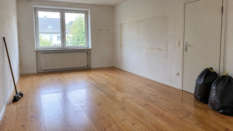 Geräumter Raum mit Holzdielen, Besen und zwei gefüllten Müllsäcken