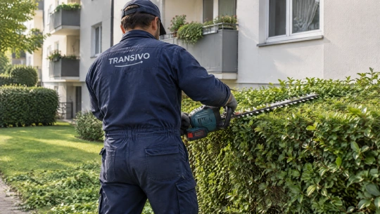 Mitarbeiter von Transivo schneidet mit einer Heckenschere eine Hecke vor einem Mehrfamilienhaus
