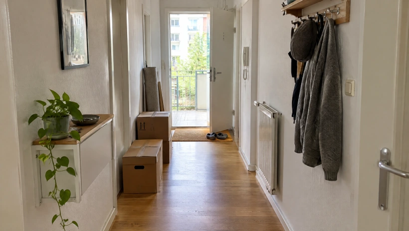 Heller Flur einer Wohnung mit gepackten Umzugskartons neben der Eingangstür